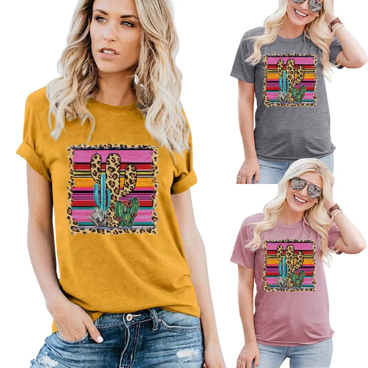 

Wholesale Casual Leopard Stripe Girls Summer Short Sleeve Women Clothes Cactus Top Shirt, As picture