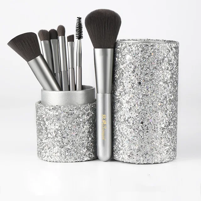 

Banfi Grey 7pcs professional makeup brush sets with glitter box brochas maquillajes with cylinder brush holder