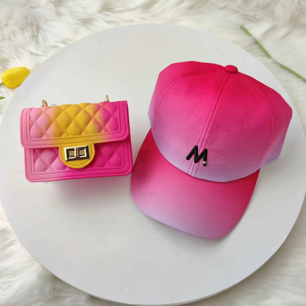 

2021 Neon Rainbow Small Matching Women Purses and Handbags Fashion Girls' Cap Matte Mini Jelly Bags and Hat Sets Wholesale, Colors