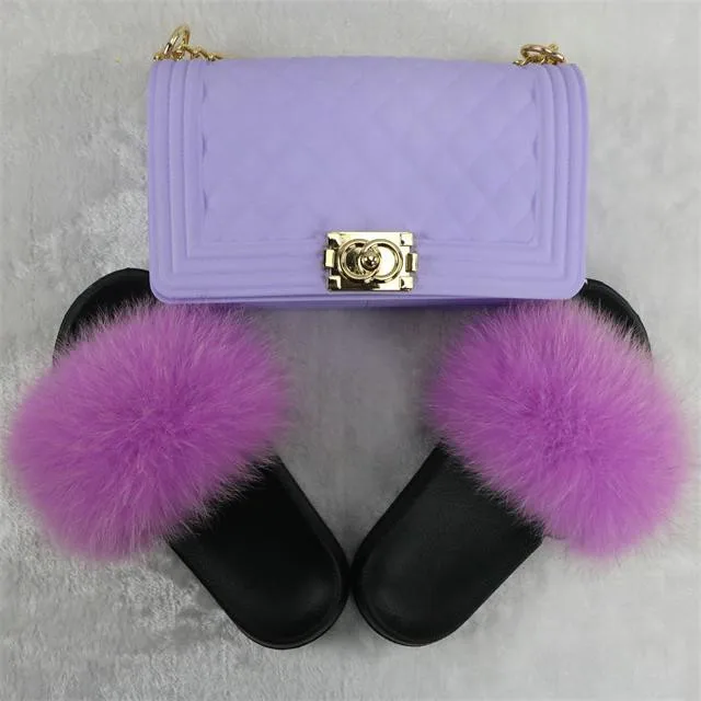 

Hot fashion faux fox Mao Mao summer ladies faux fur slippers slung across the small square bag set, Customized color