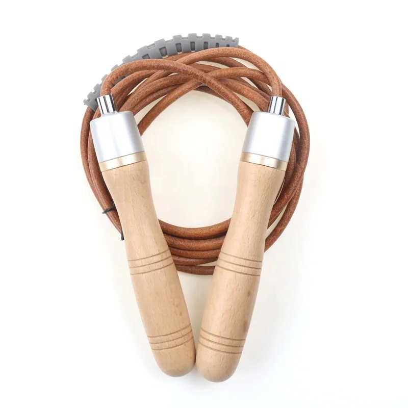 

High Quality Private Label Custom Logo Fitness Gym Training Power Weighted Bearing Leather Wood Handle Adjustable Skip Jump Rope, Burlywood