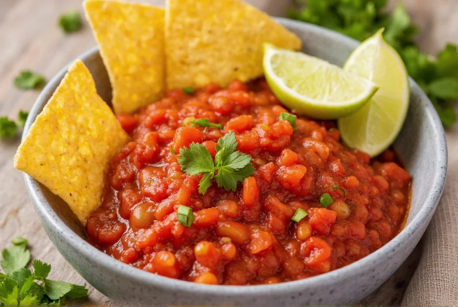 Vibrant red chipotle salsa in bowl with tortilla chips and lime wedges for serving