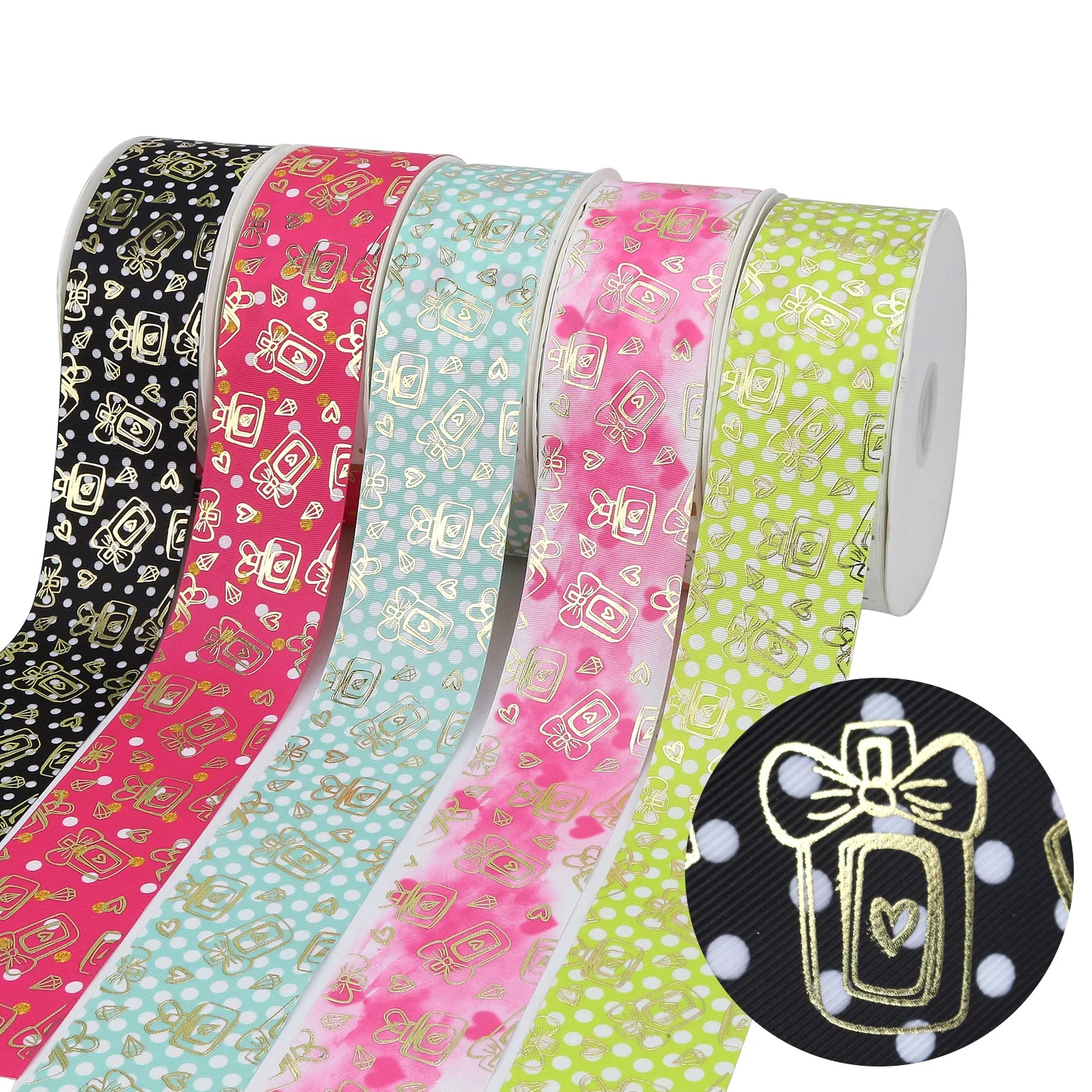 

Midi Ribbons Supplier 3" Gold Foil Perfume Bottle Printed Grosgrain Ribbon On Dot Liston, Request