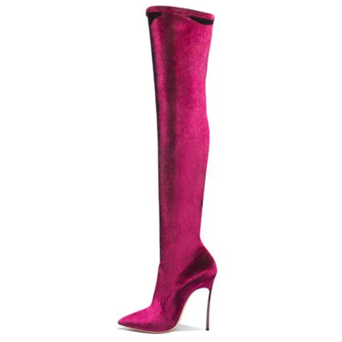 

Women Stretch Soft Silk Satins High Heel Thigh High Boots Pull on Solid Over The Knee Winter Super Long Boots, Black silver black