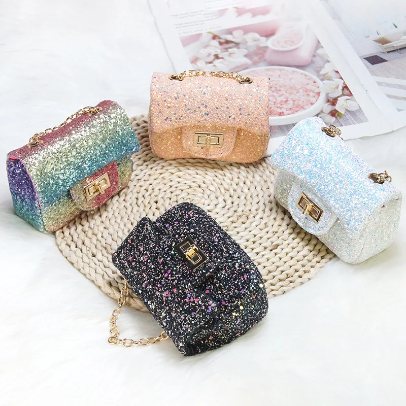 

2021 Fashion designer sequined mini cute purses PVC girls handbag kids shoulder bag with chain, 3 colors