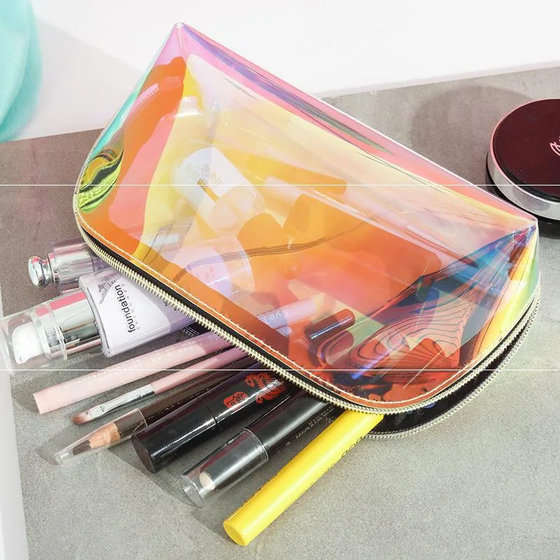 

Low MOQ custom Logo clear transparent holographic makeup bag make up pouch pvc cosmetic bags for women, Colorful