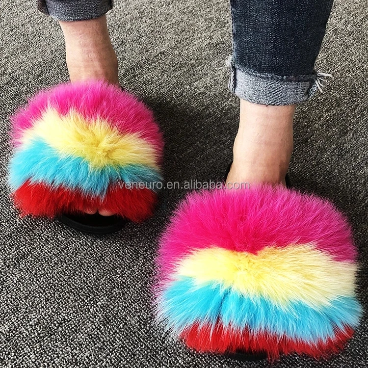 

Custom Women's Flat Warm Sandals Fluffy Open Toe Fox Fur Slides Slippers Indoor Outdoor Furry Slides, Customized color