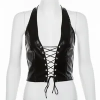 

Black PU Leather Sexy Halter Crop Top Rave Festival Hollow Out Backless Tank Tops Women Summer Streetwear