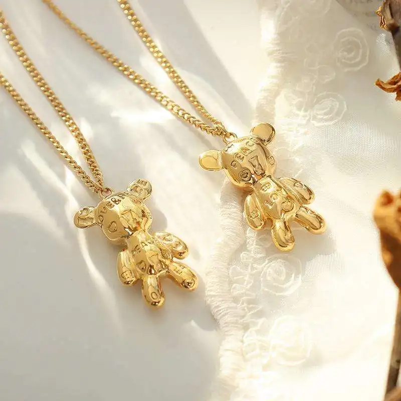 Ins Popular Women Jewelry 18k Gold Plate Teddy Bear Necklace Stainless steel Alphabet Bear Pendant Necklace