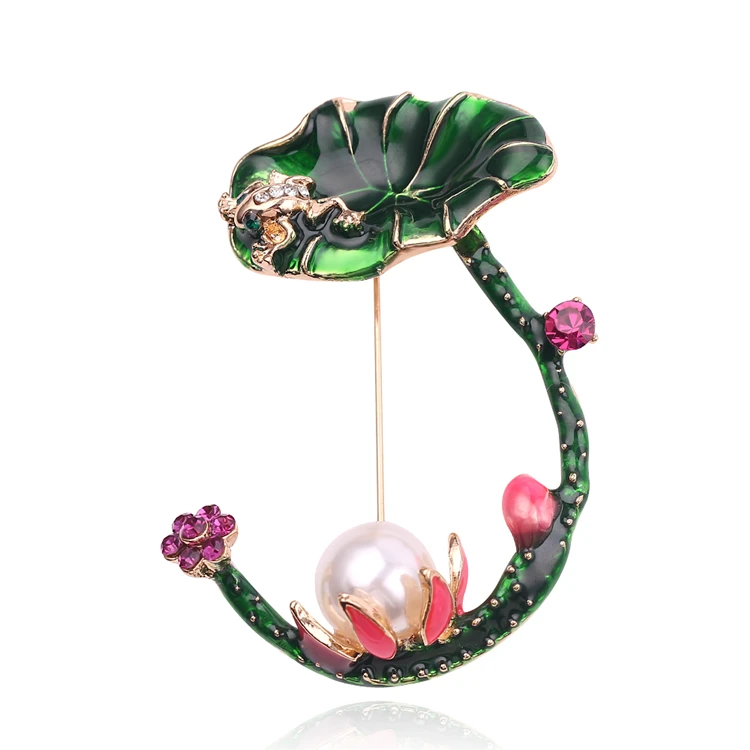

NEW Style Lotus Leaf Frog Flowers Green Enamel Brooch Crystal Pearl Women Jewelry Gift Clothing Collars Bag Fashion Accessories