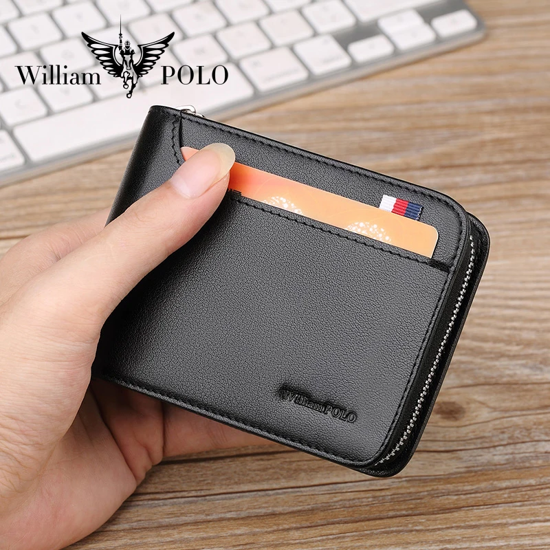 

High quality short zipper brand men's leather black wallet 13 card slot card holder supplier