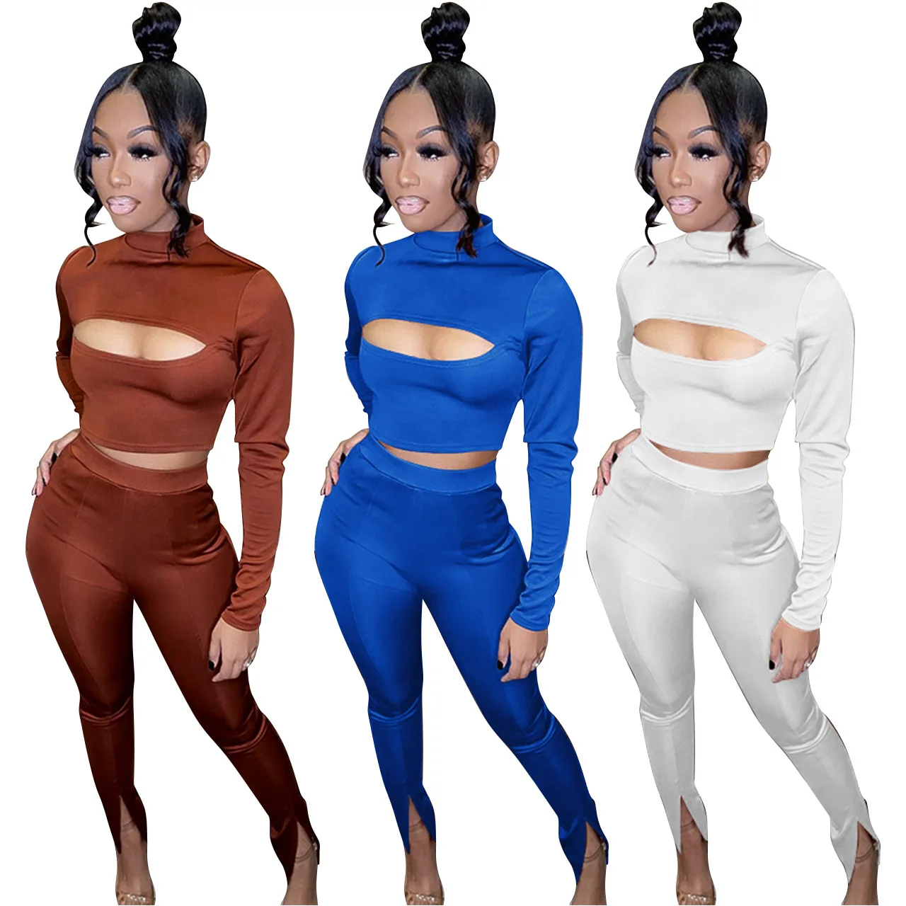 

LvCong Europe and America fall clothes long sleeve round collar hollow out splice crop top high waist slit trouser suit designs