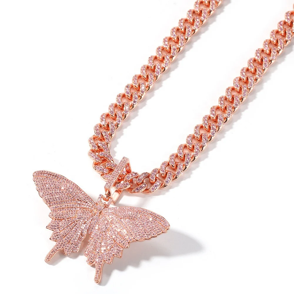 

All Pink Cubic Zirconia Pave Bling Ice Out Butterfly Pendants Necklaces Tennis Cuban Chain for Men Women Hip Hop Rapper Jewelry