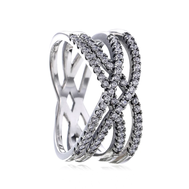 

Luxury lucky genuine sterling silver entwined lines zircon stone ring, Silver color