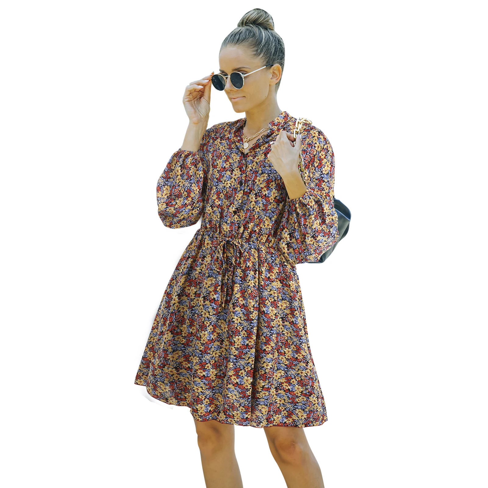 

New Style Women'S Wear V-Neck High Waist Lace Up Floral Chiffon casual Dress Women Clothes, Orange, red, rose red, blue, white coffee, coffee, black leopard