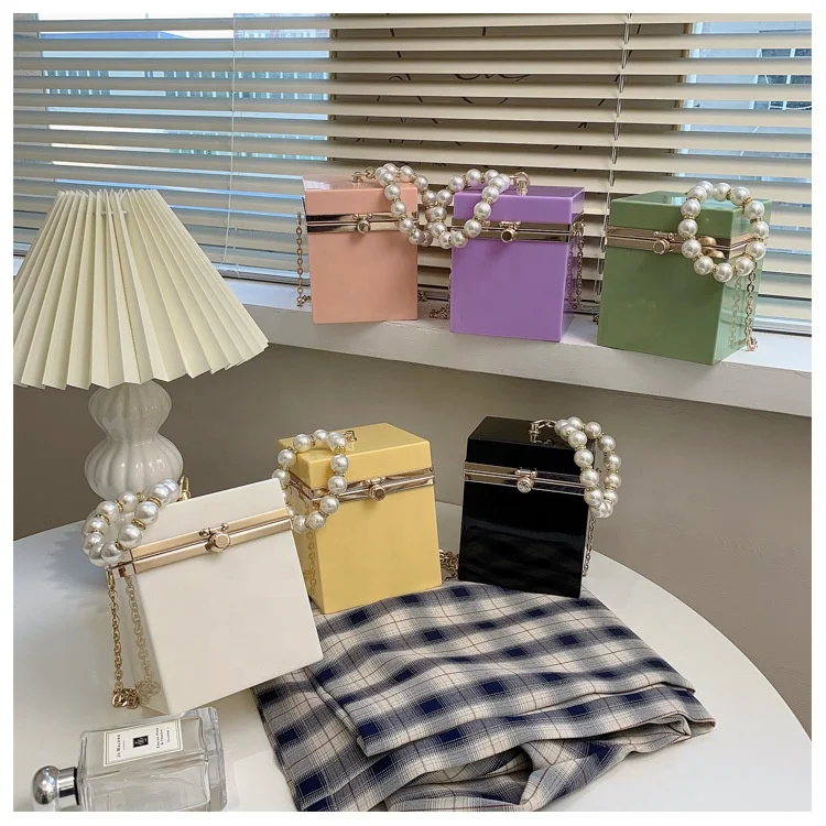 

2021 New Mini Acrylic Square Pearl Chain Bag Summer Simple Handbag Solid Color Evening Bag For Ladies, 6 colors