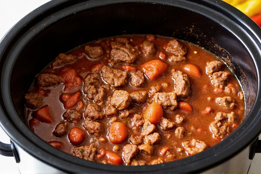 Slow cooker filled with rich, dark beef chili showing tender meat chunks and visible spices