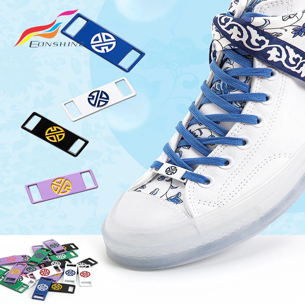 

Newest Metal Plate Shoe Decoration Tag Round Blue and White China Logo Shoelace Charm Patch for Shoes, 12 colors