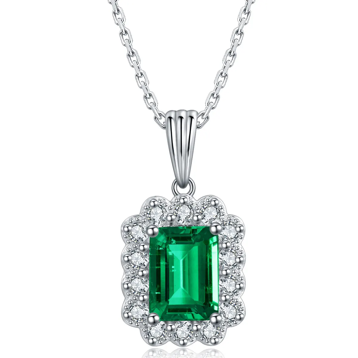 

1.4ct Emerald Cut Lab Grown Zambia Emerald 925 Sterling Silver Necklace, Green