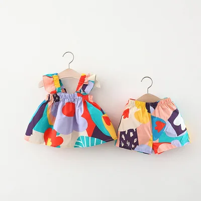 

Wholesal Sleeveless Children Clothing 2021 Summer New Kids Girl Strap Two Piece Flying Sleeve Set