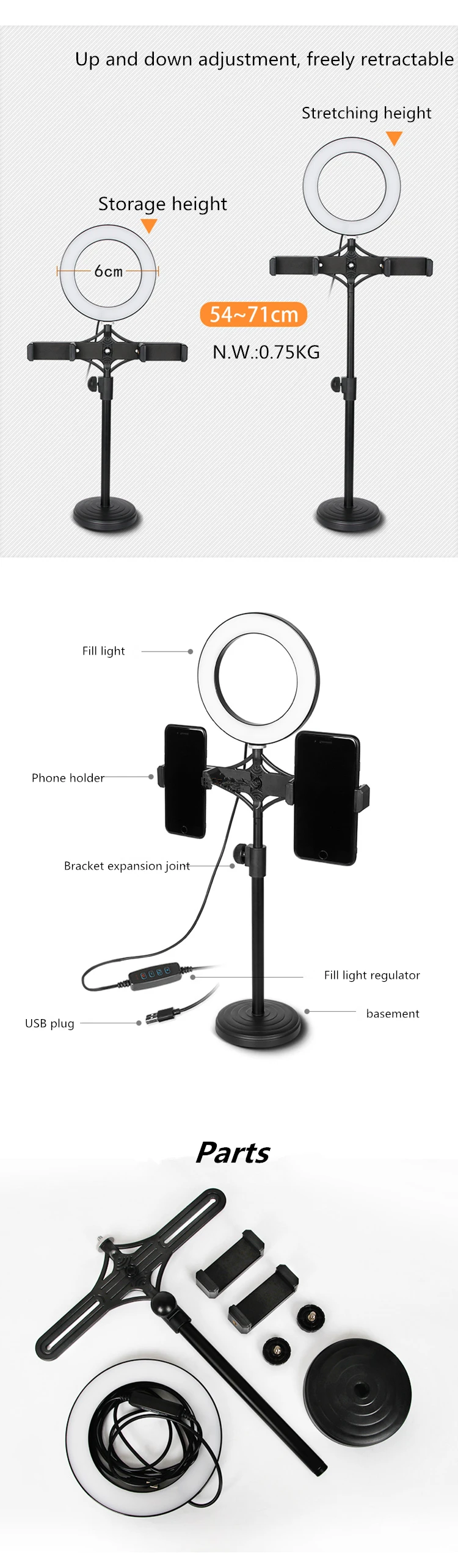 Live Stream and Karaoke Desktop Mobile Phone Holder Stand with Dimmable Soft Studio Selfie LED Ring Light