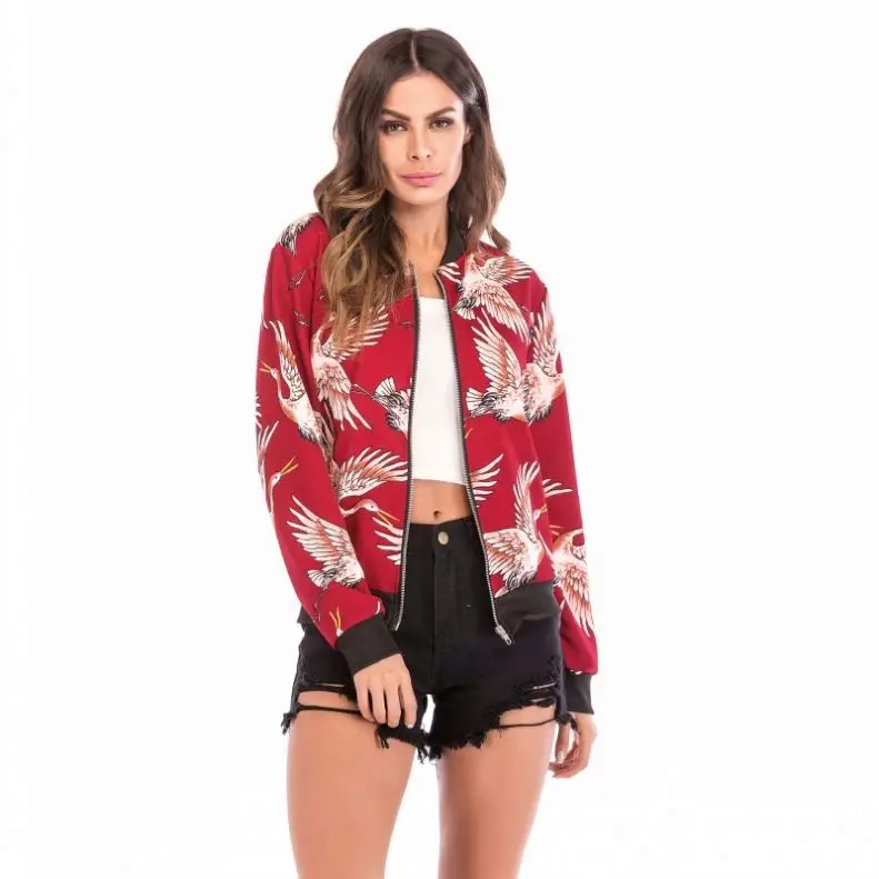 

Women's Floral Print Classic Baseball Fall Short Biker Bomber Jacket Coat Zipper Up Outwear Y10547