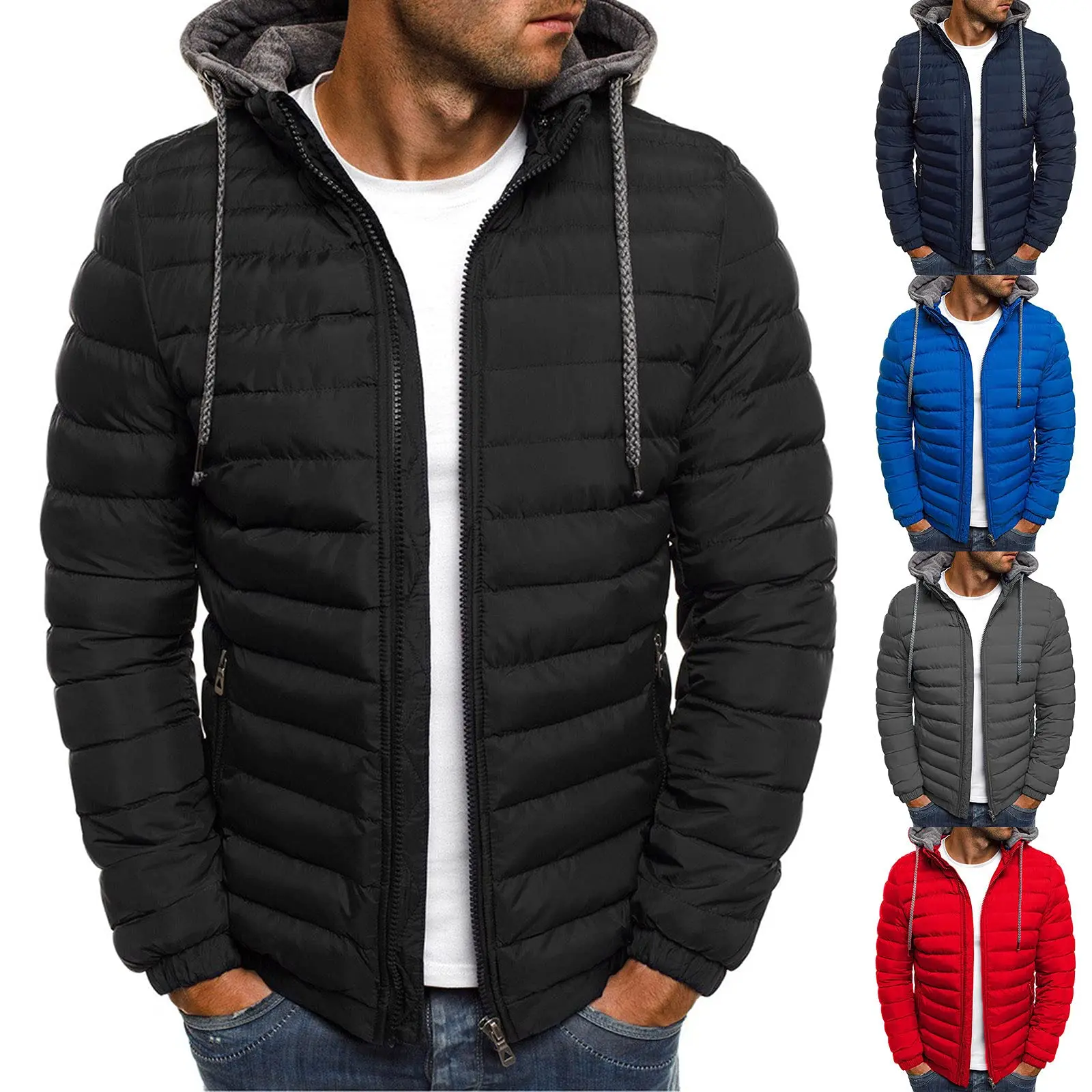 

Men Waterproof Winter Down Jackets with Detachable Hat Full Zip Classic Thermal Outerwear Puffer Jacket, Black ,red, blue, orange, grey