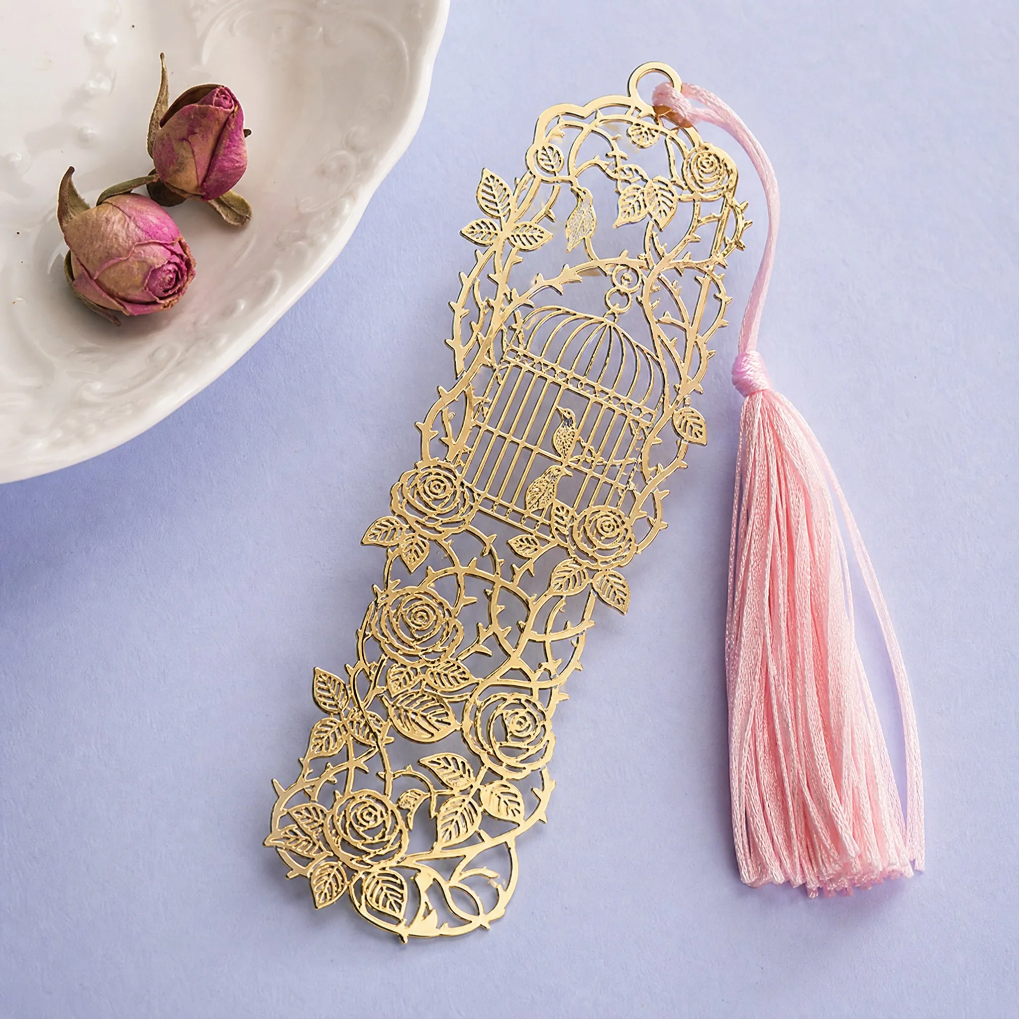 Custom Photo-Etched Ultra-Thin Brass Filigree Bookmark with Pink Silk Tassel