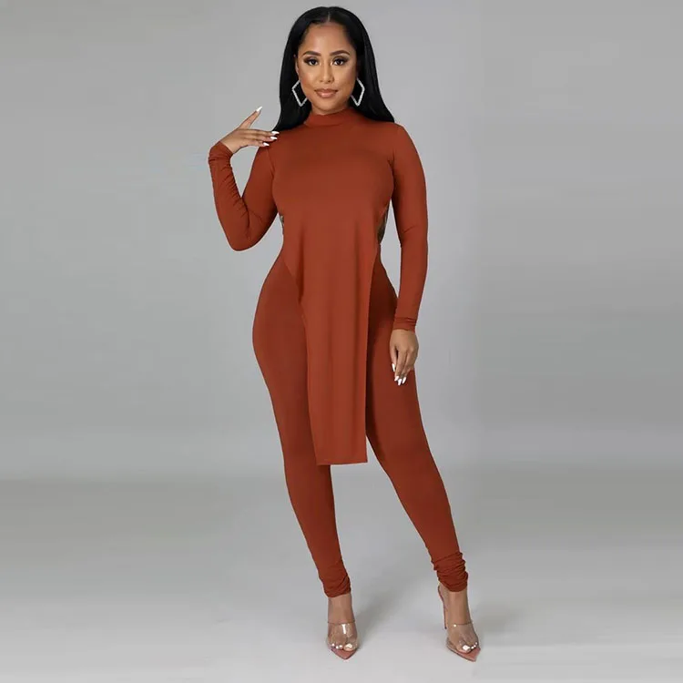 

New 2021 Fall Winter Women Clothings Casual Solid Irregular Hem Mock Neck Long Sleeve Womens Two Piece Pant Set, Brown,black