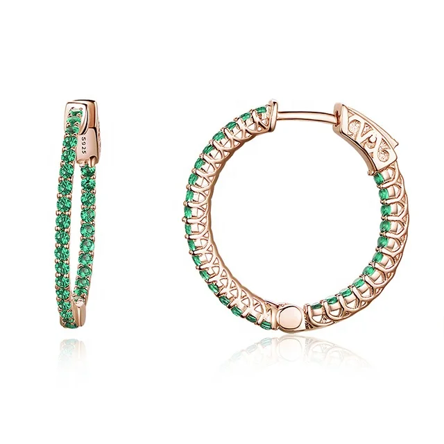 

Hot selling Fashion Sterling Silver Women Green zircon Pave Hoop Earrings Rose Gold Plated Hoop Earrings