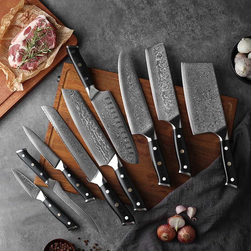 

Professional Kitchen knives set multifunctional damaskus cooking knife G10 Handle Damascus knife set