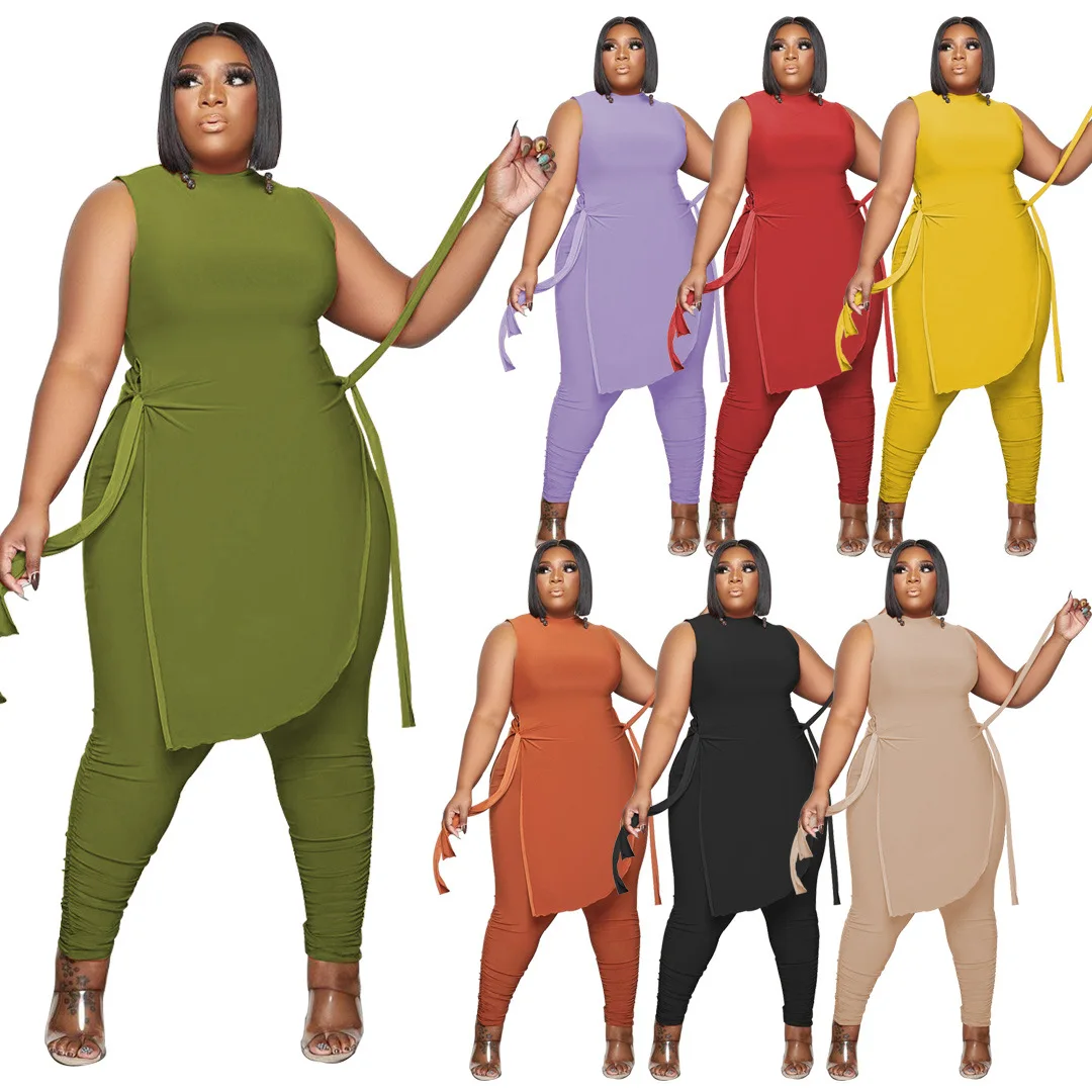 

Plus Size Two Piece Pants Set Spring 2022 Womens Clothing Sleeveless Top 2 Piece Stacked Pasnts Set