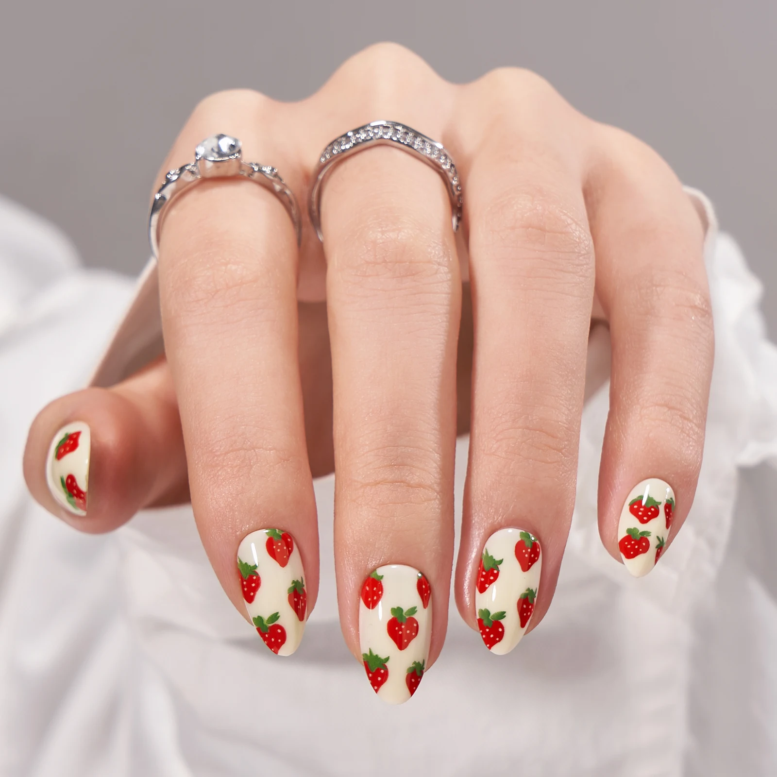 

Custom 24Pcs Short Almond Gel X False Nail Tips Cute Strawberry Designer Kawaii Nail Art Tips French Stick On Nails Set
