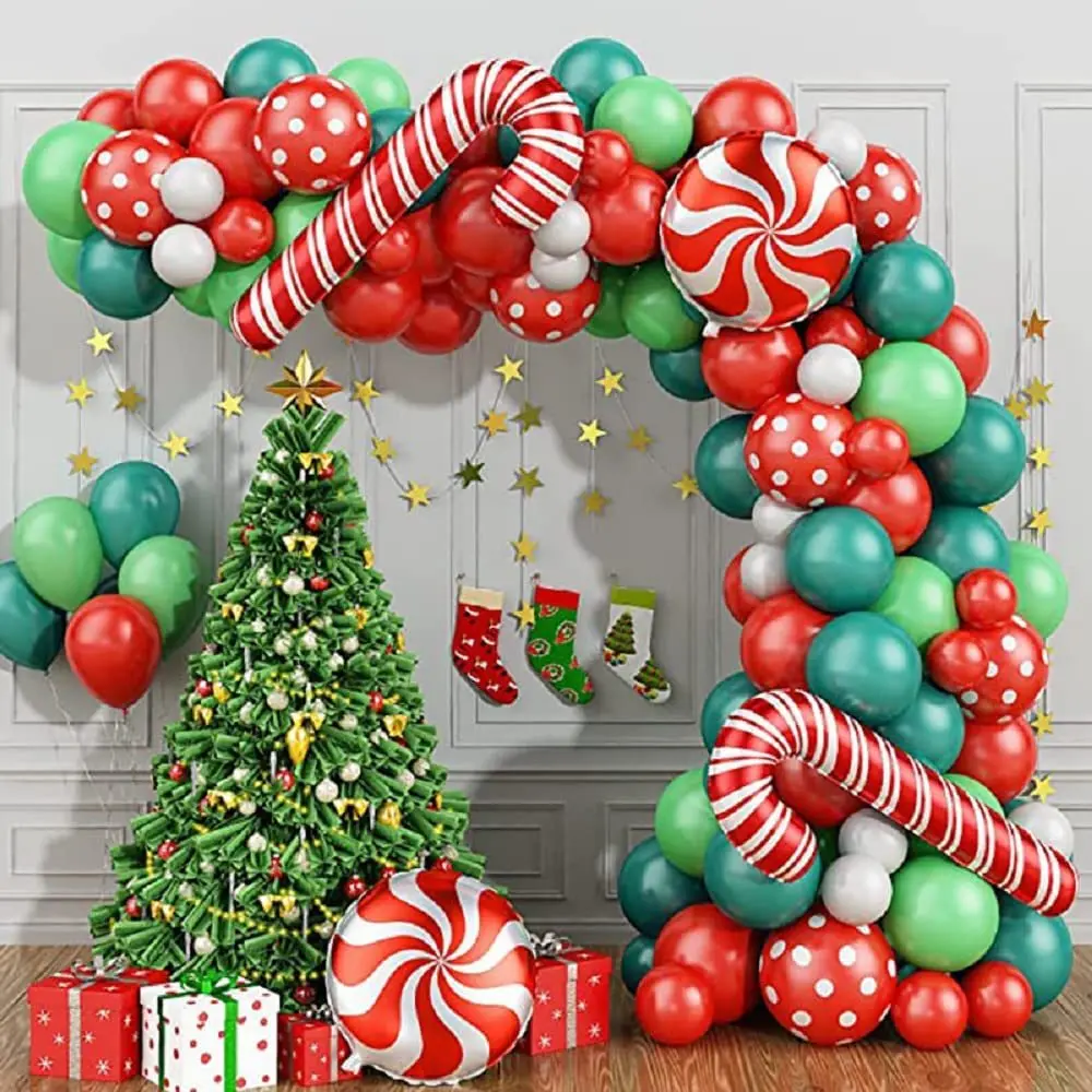 

2023 Merry Christmas Party New Year Decorations 152Pcs Red Green Gold Latex Balloon Garland Arch Kit Cane Lollipop Foil Balloons