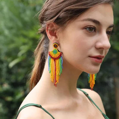 

Handmade Ethnic Braided Rainbow Seed Beads Fan Drop Earrings Colorful Seed Beads Tassel Drop Earrings For Women