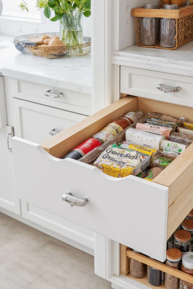 Drawers with transparent front panels for pantry visibility