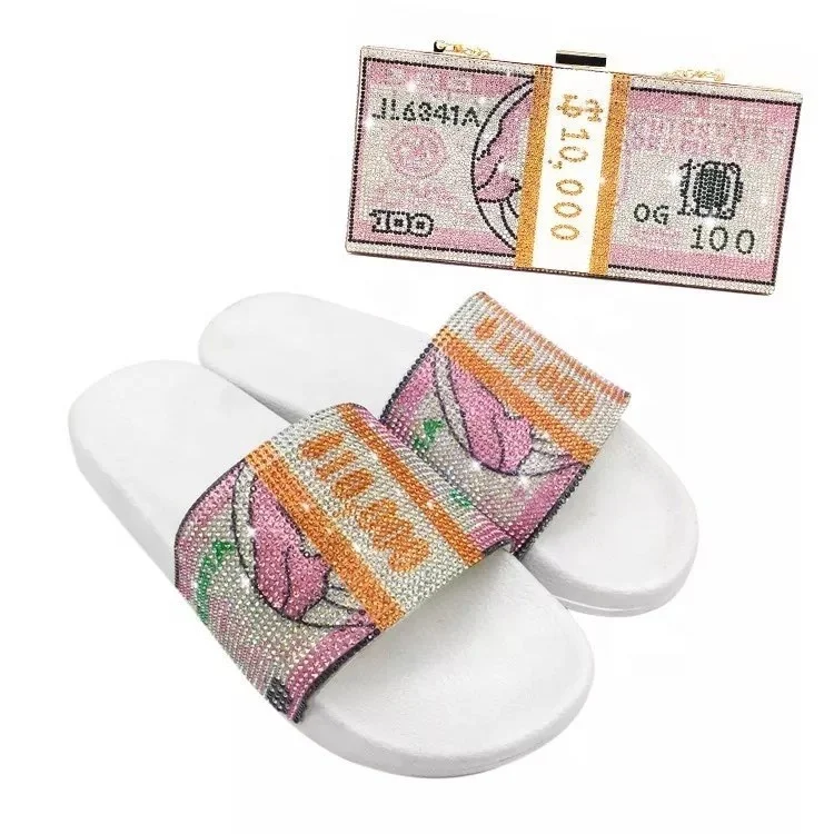 

Hot Sale Women Slipper Fashion Colorful Rhinestone Money Bag and Slipper Set Christmas Purse for Women