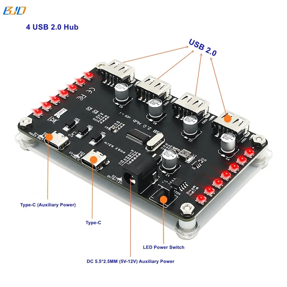 

4 USB 2.0 & USB Type-C Connector Hub Breakout Board with Colorful LED and DC (5V-12V) Auxiliary Power in stock, Black