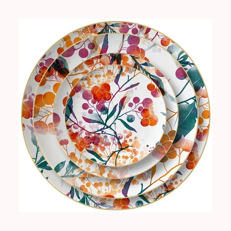 

Luxury Round Bone China Gold Rim Colorful Flower Dinner Plates For Wedding Aatering