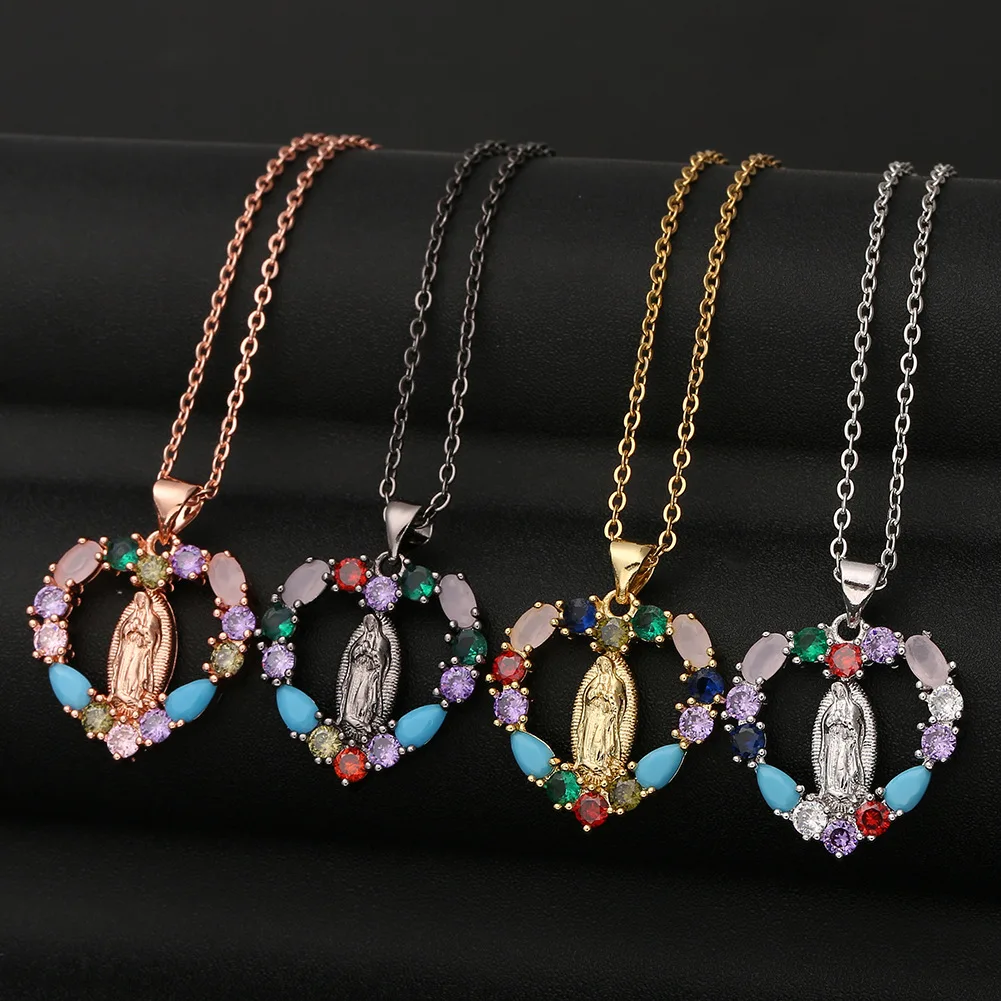 

Wholesale Religious Jewelry Cubic Zirconia Gold Plated Virgin Mary Heart Pendant Necklace