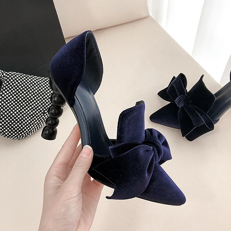 

Designer Luxury Butterfly Dress Shoes Blue Pointed Velvet Ankle Sheepskin Shaped High Heel Women'S Pumps Wedding Tacones, 2 colors