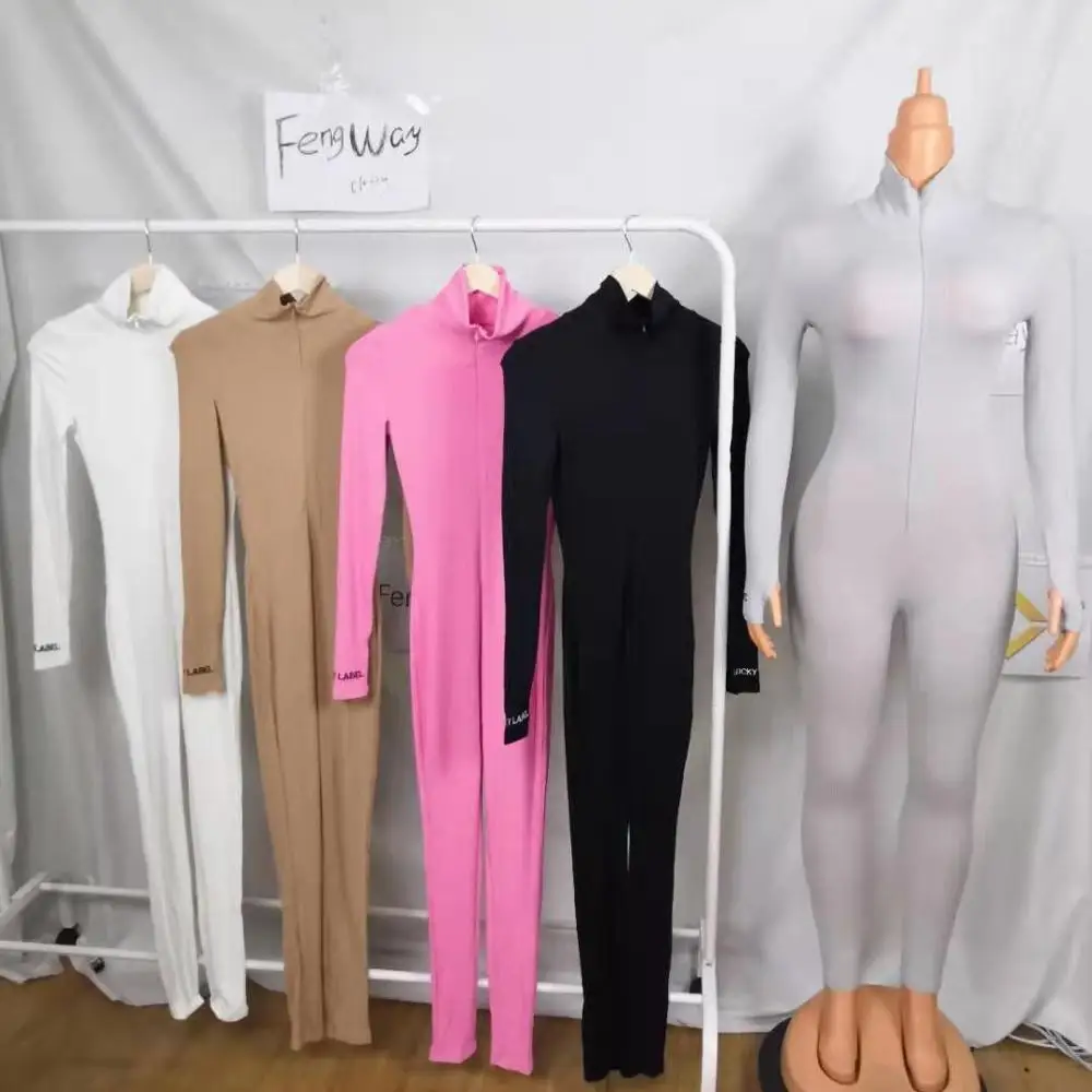 

cool biker long luckylabel jumpsuit turtleneck full sleeve jumpsuits women fitness slim rompers zipper long bodysuit skinny