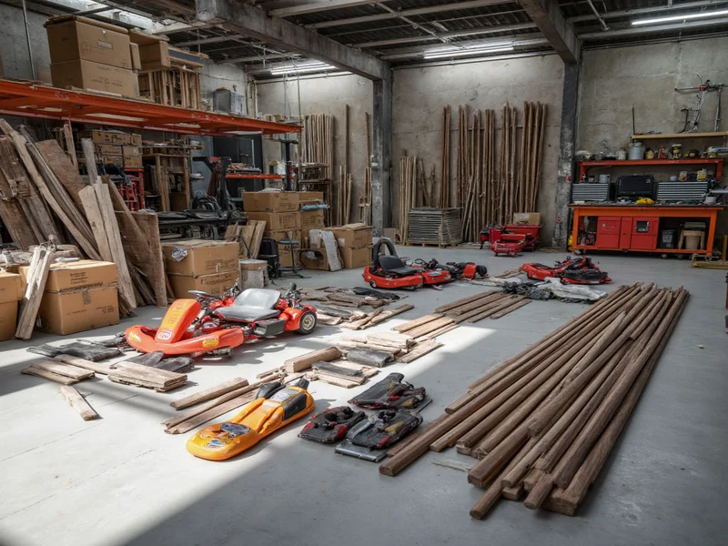 Go kart materials laid out on workshop floor