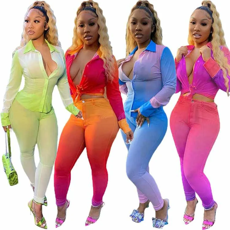 

Autumn 2 Piece Set Women Clothing Sexy Tracksuits Clubwear Bodysuits Gradient Print Two Piece Pants Outfit Office Lady, Picture color