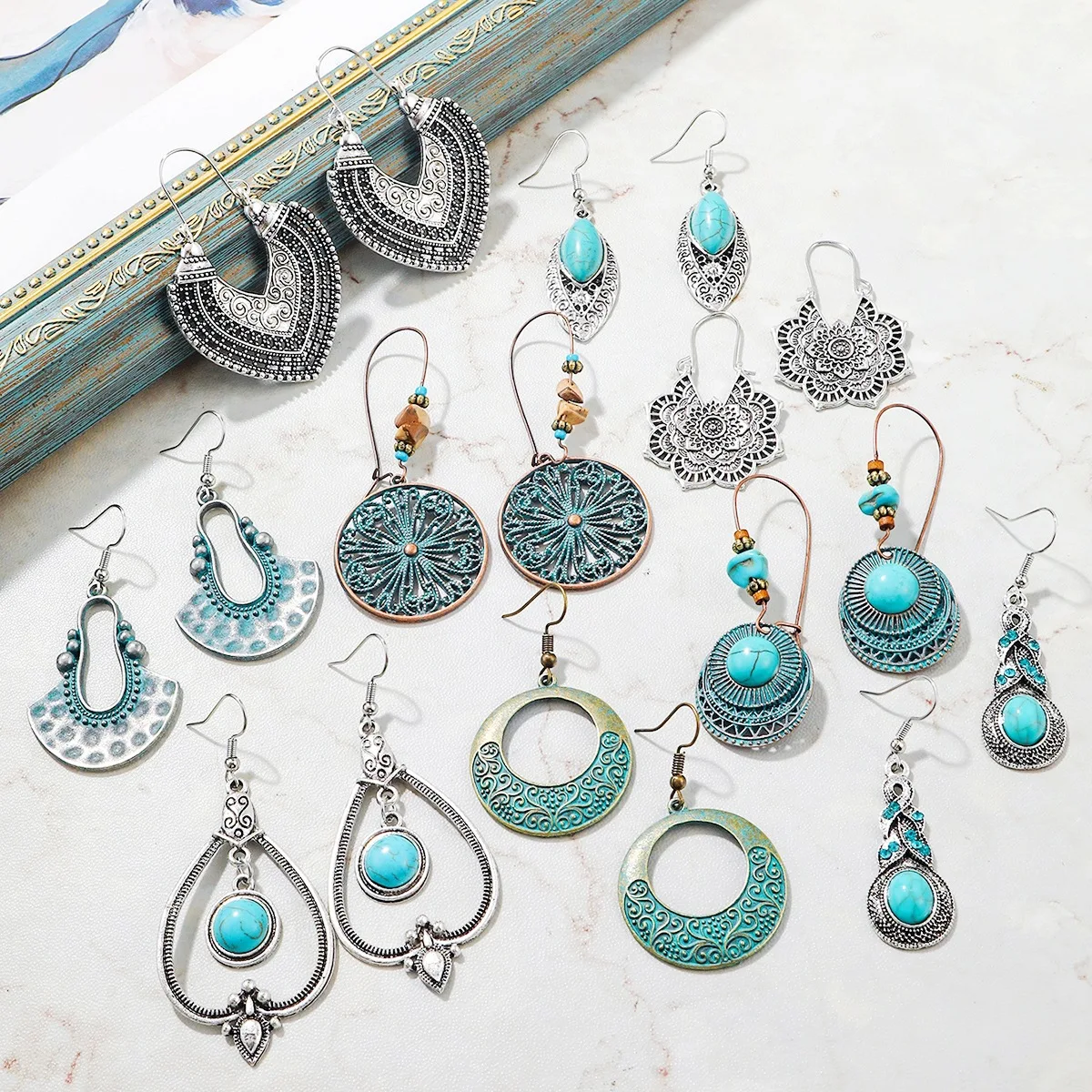 

Bohemian Ethnic Style Patina Antique Silver Plated Turquoise Vintage Boho Earring Jewelry For Women