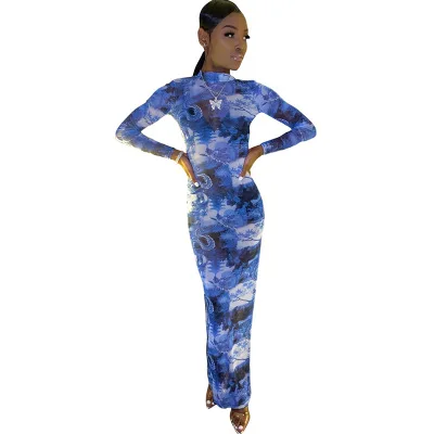 

Solid Sexy Party Dress Round Collar Printed Gauze Sexy Long-sleeved Perspective Open Fork Dress