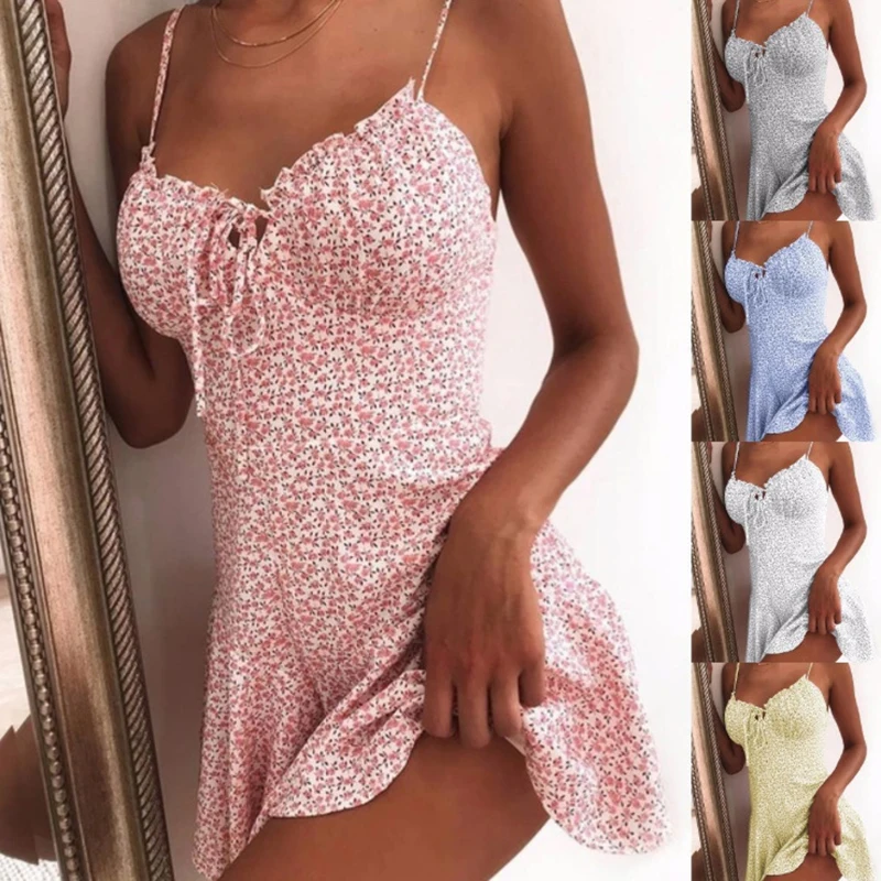 

Summer Tie Front Sexy Backless Spaghetti Strap Floral Mini Dress dresses women lady elegant