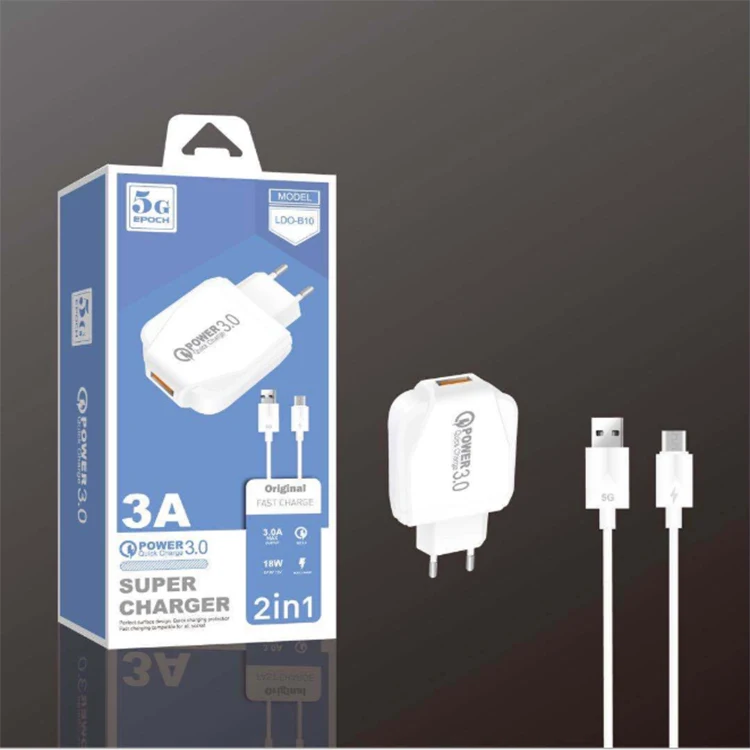 

High quality EU US plug fast charging USB charger with cable QC3.0 charger, White