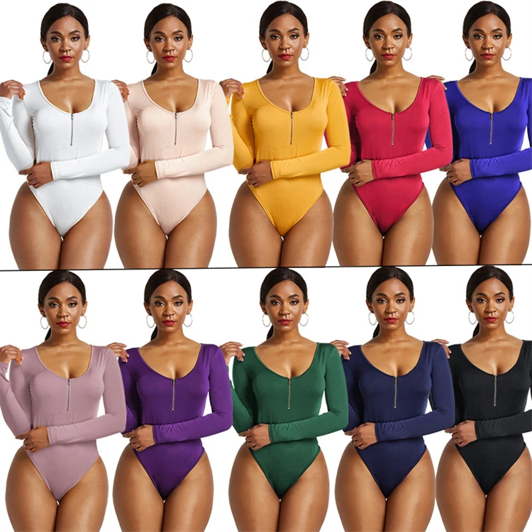 

Stylish Ladies Tops With Zipper Crew Neck Long Sleeve Autumn Women Skinny Bodysuit, Customized color