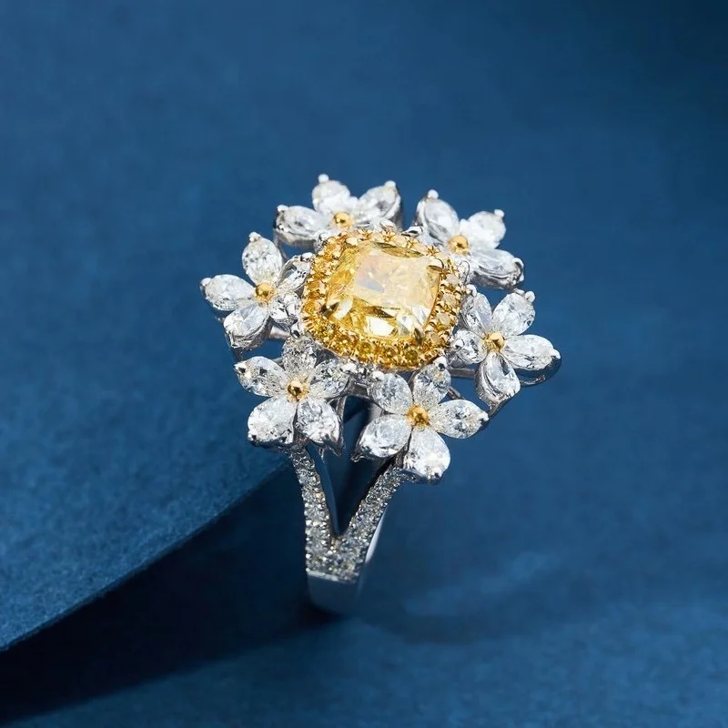 

Luxury Flower Rings With Fashion Yellow Crystal Zircon Geometry Jewelry Women's Wedding Engagement Fine Ring, Customized color